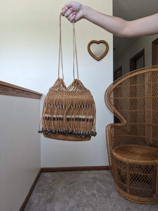 1970s rattan beaded beach bag