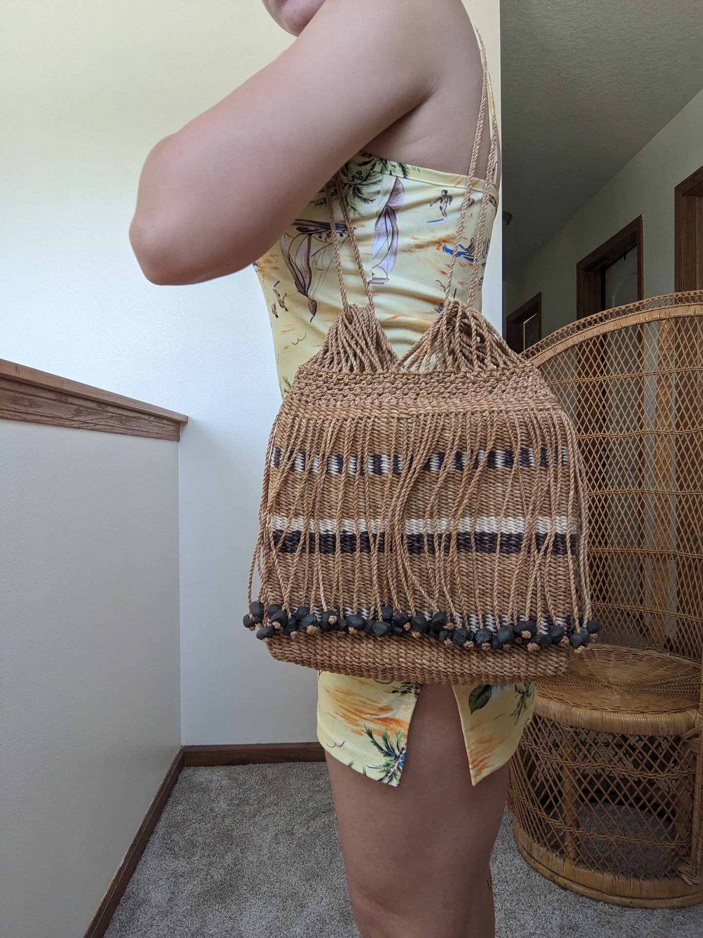 1970s rattan beaded beach bag