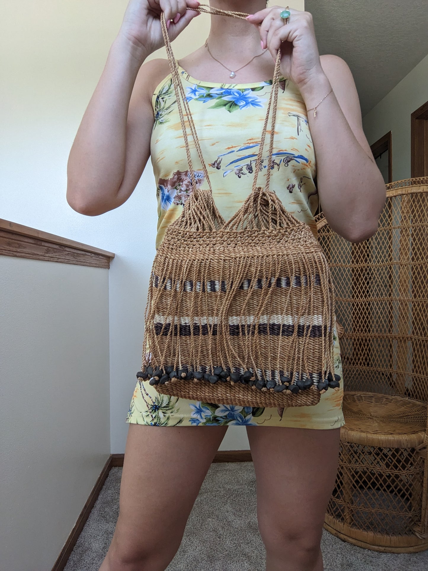 1970s rattan beaded beach bag