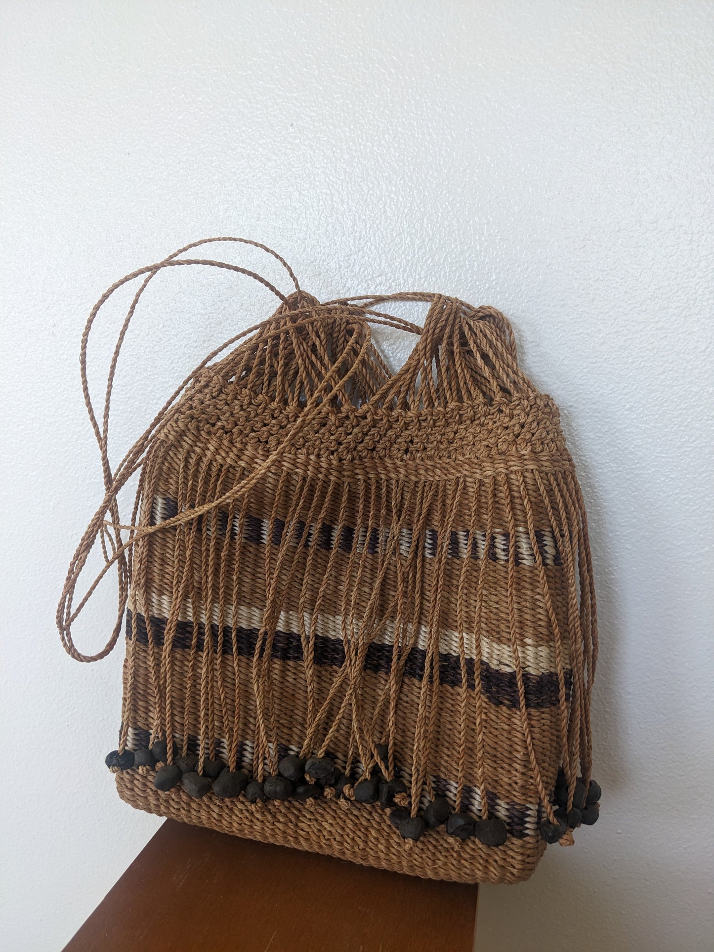 1970s rattan beaded beach bag