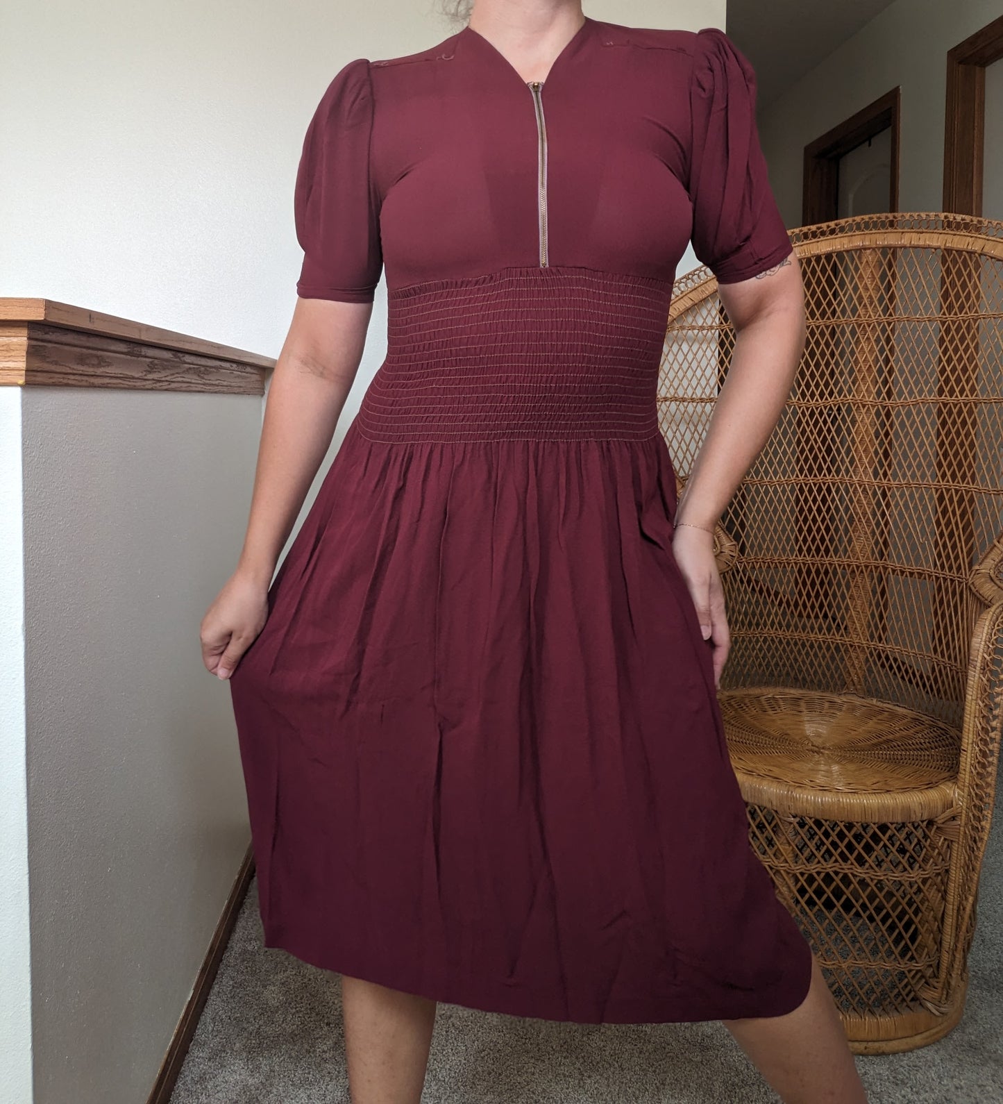 1930s merlot shirred dress