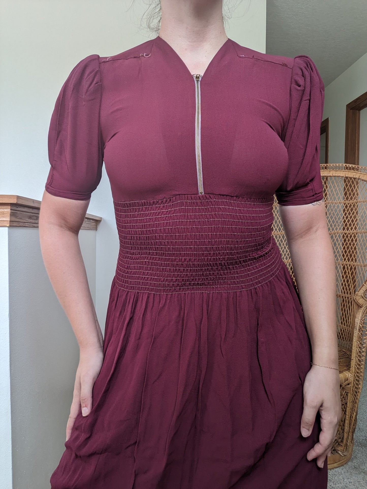 1930s merlot shirred dress