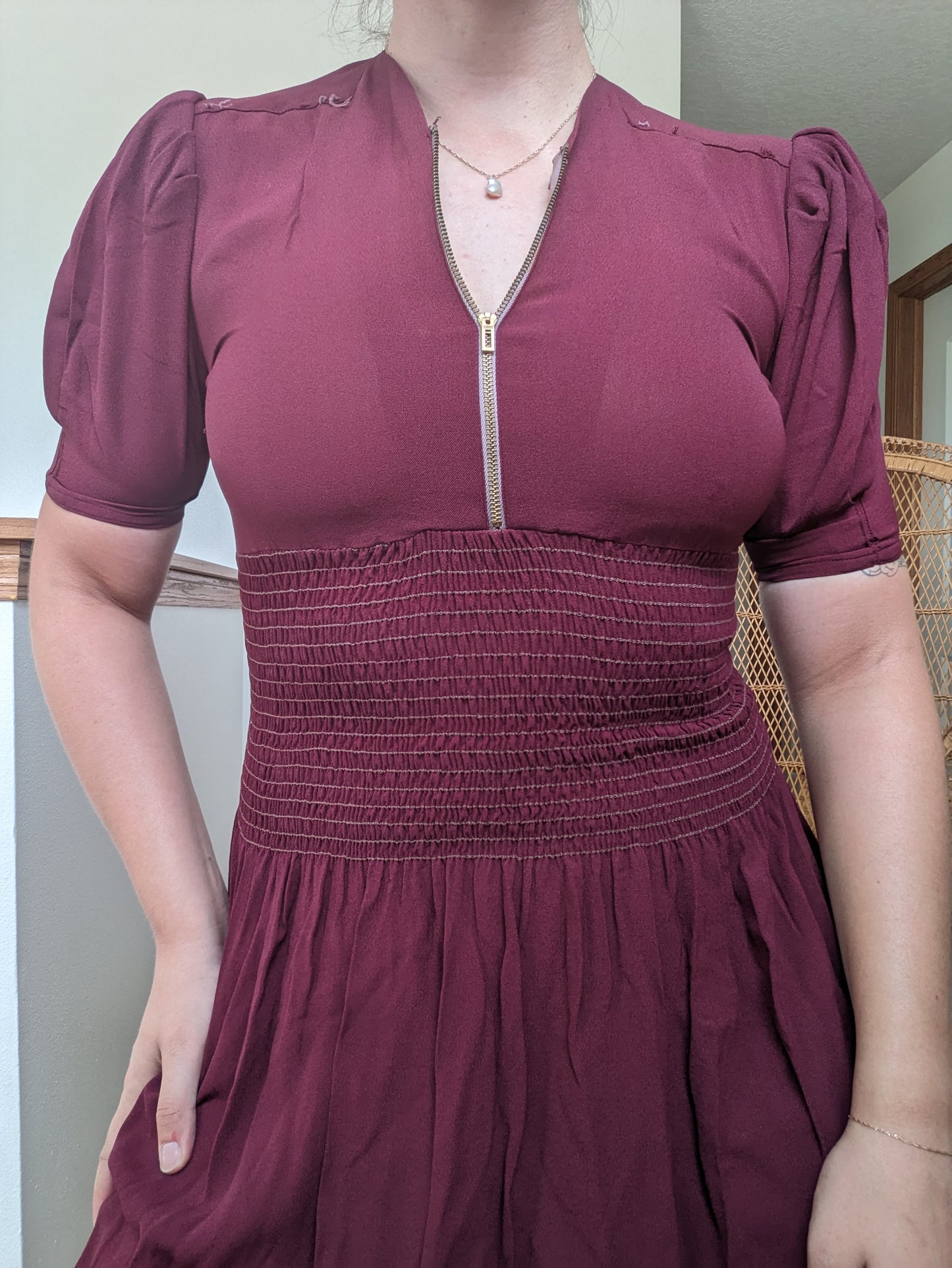 1930s merlot shirred dress