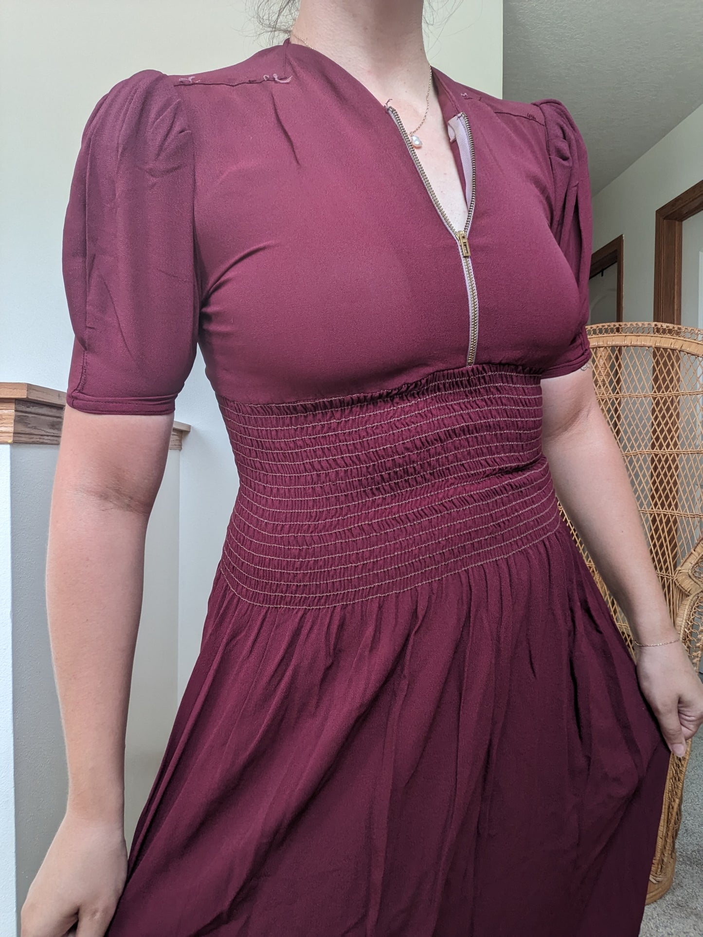 1930s merlot shirred dress