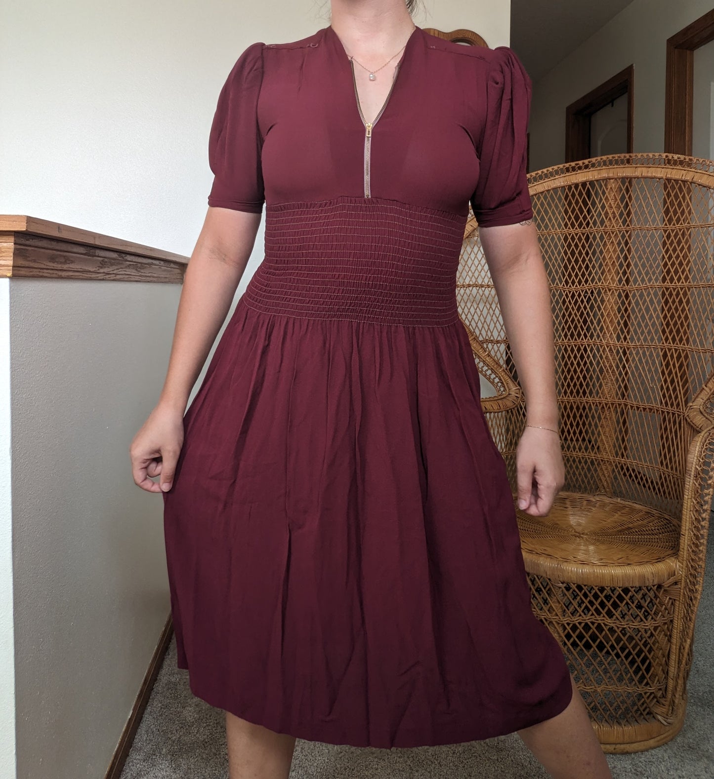 1930s merlot shirred dress