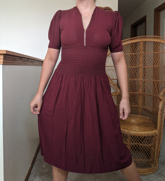 1930s merlot shirred dress