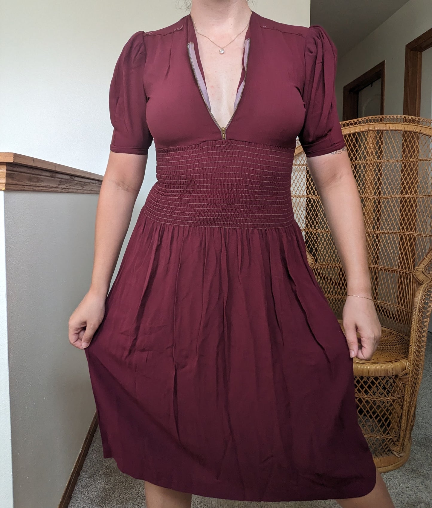 1930s merlot shirred dress