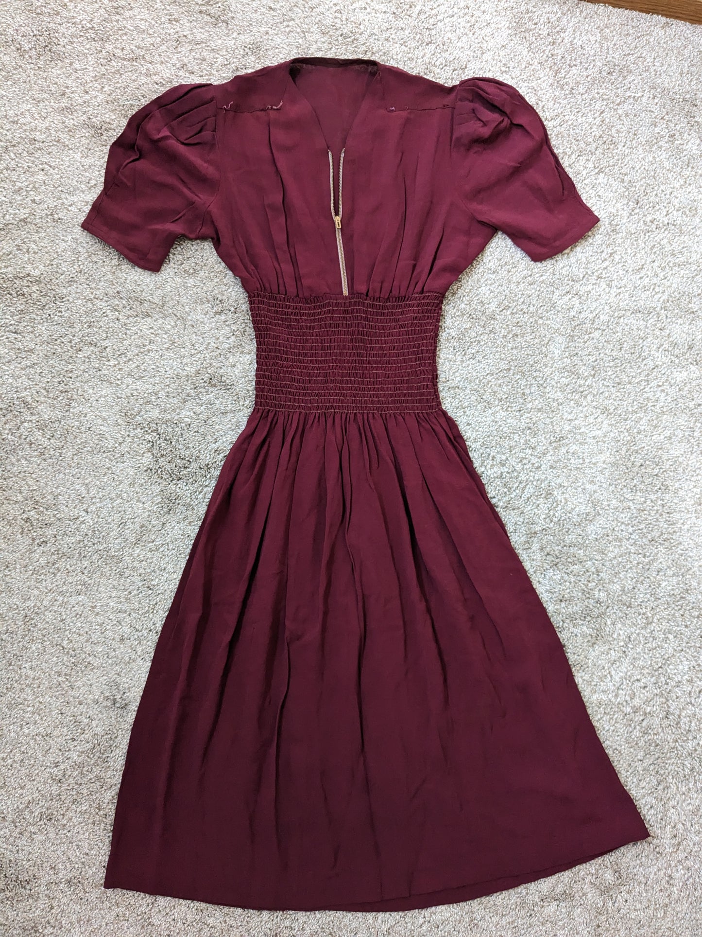 1930s merlot shirred dress