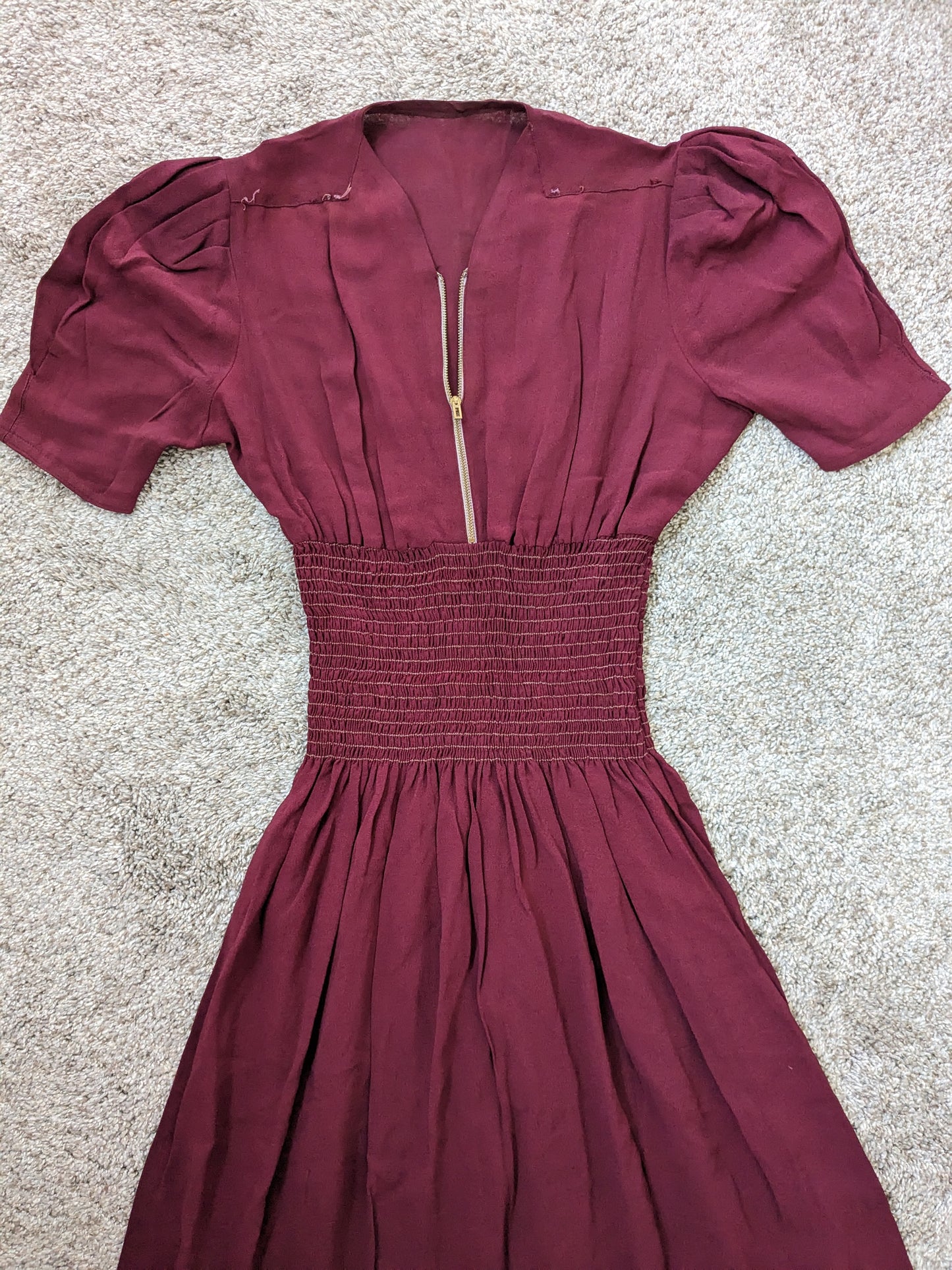 1930s merlot shirred dress