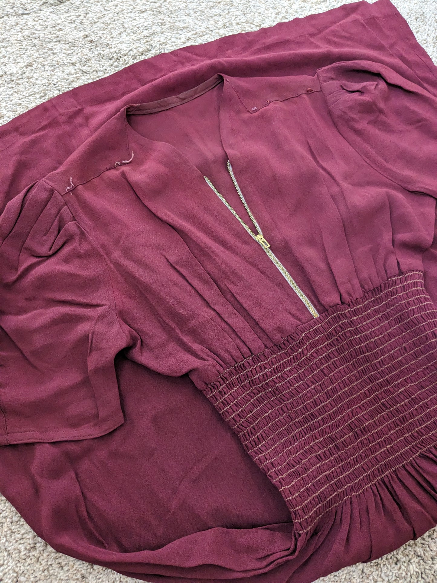 1930s merlot shirred dress