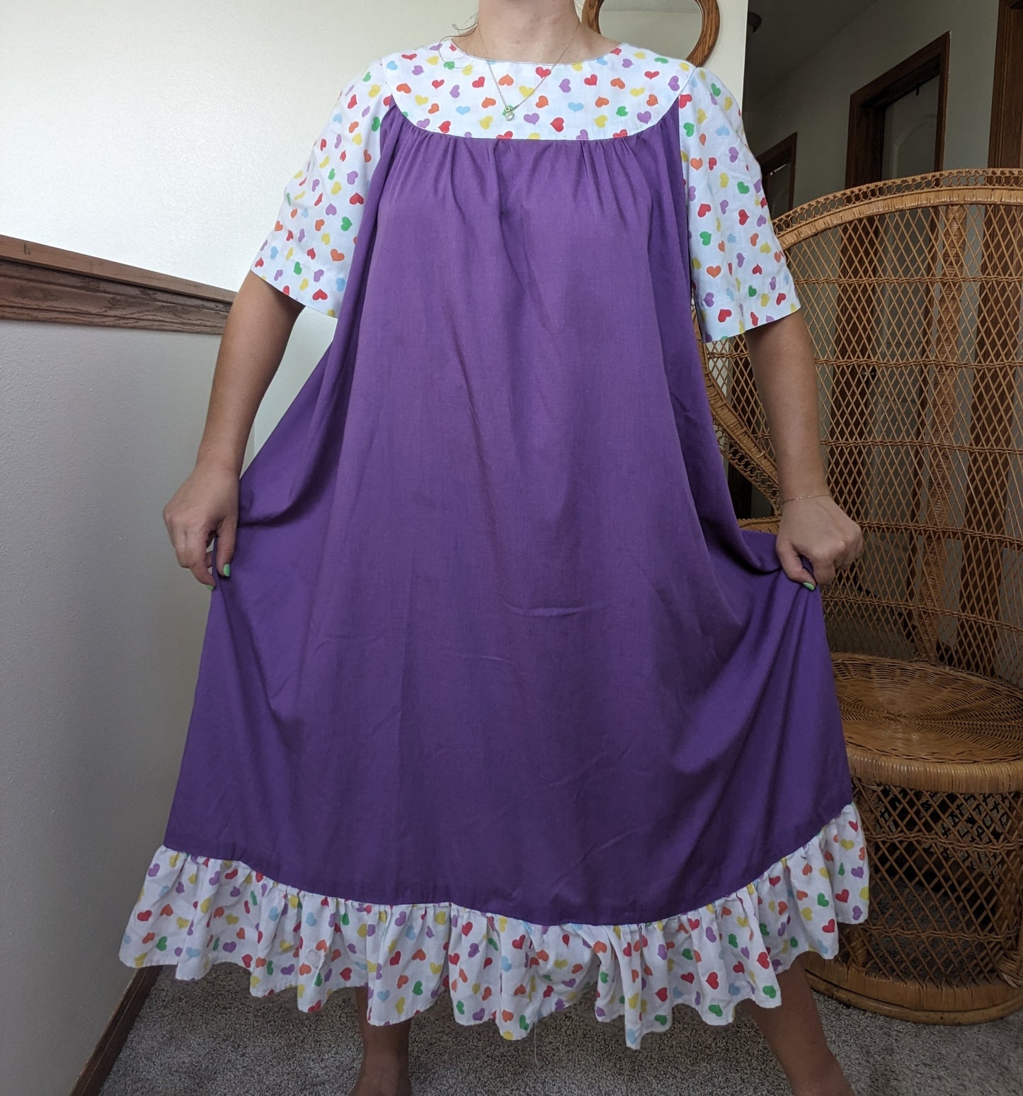 1970s purple rainbow heart tent dress