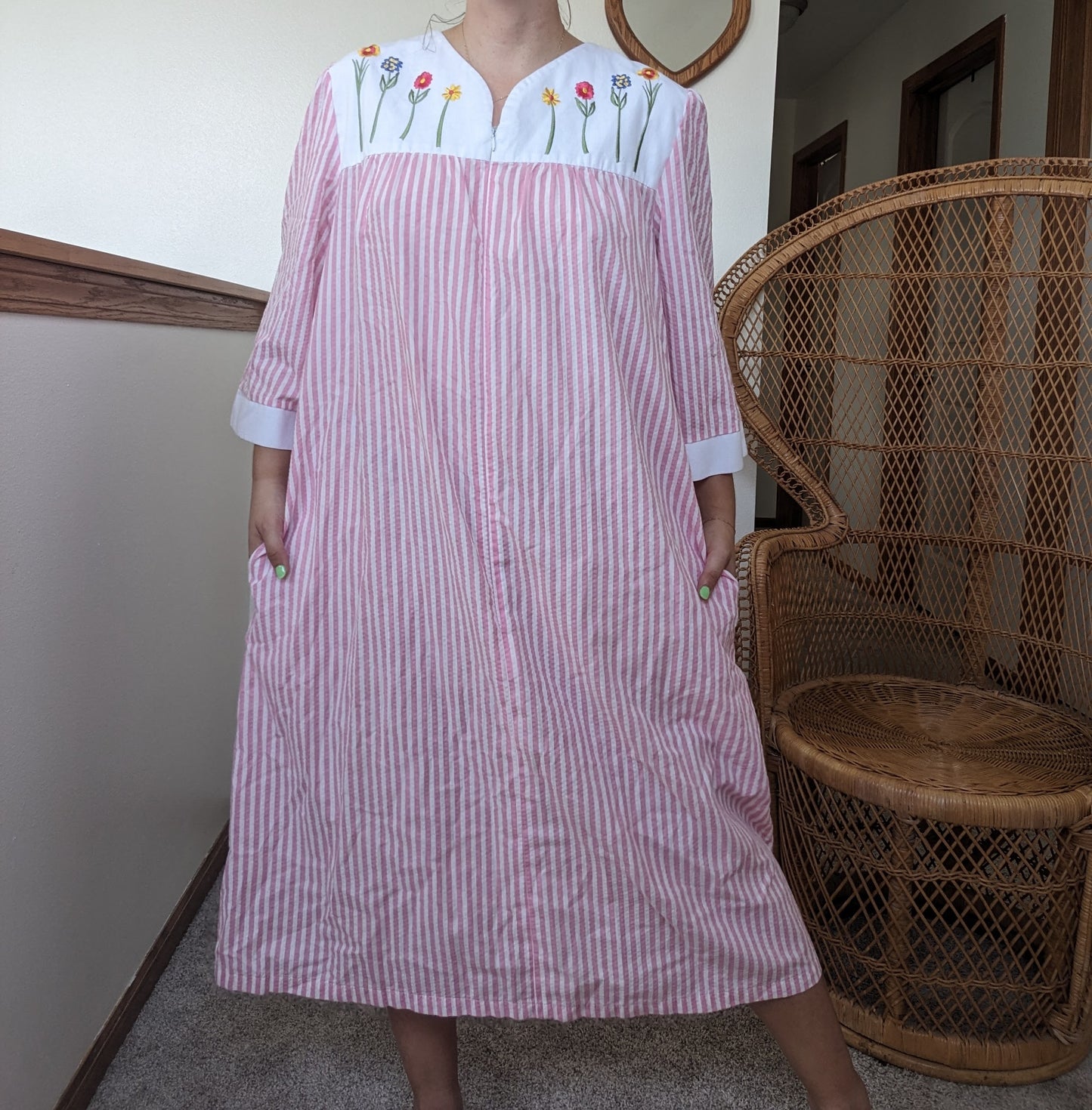 1990s pink striped embroidered night dress