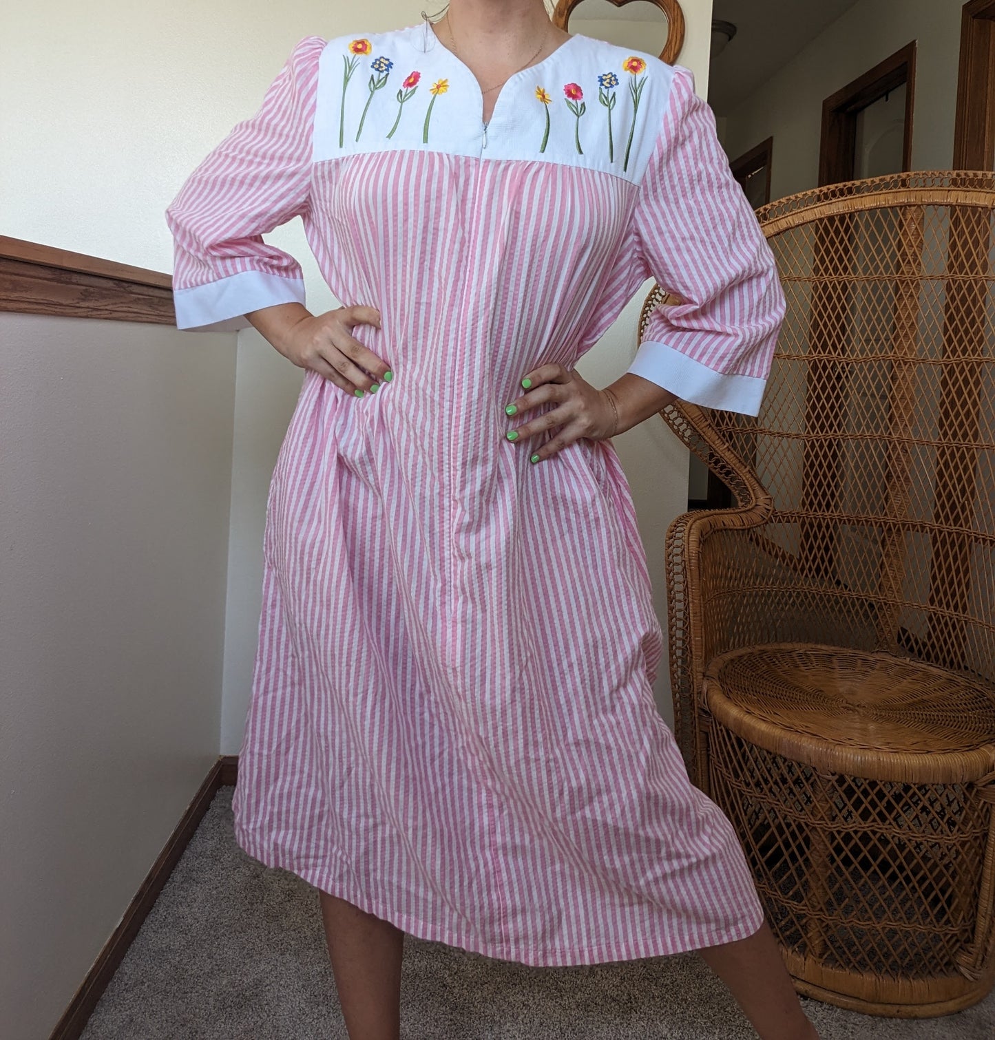 1990s pink striped embroidered night dress