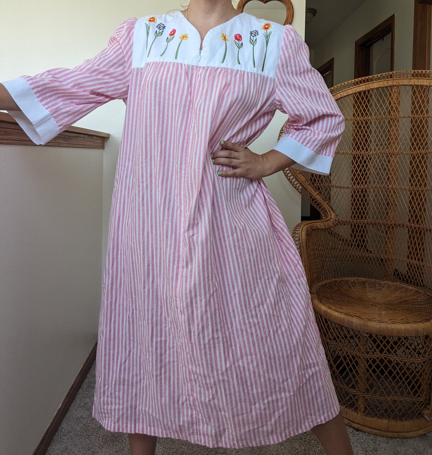 1990s pink striped embroidered night dress