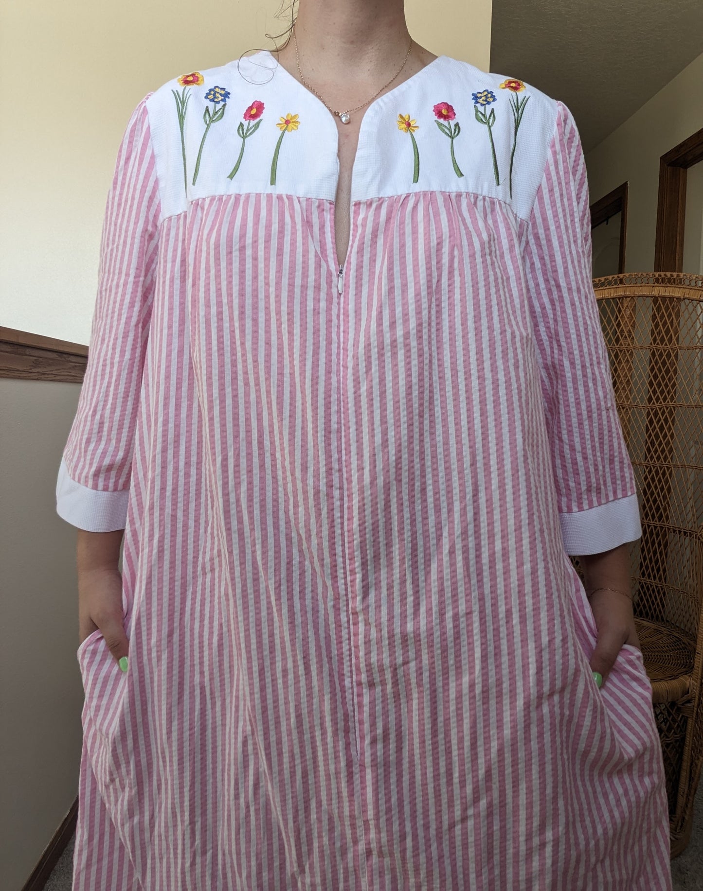 1990s pink striped embroidered night dress