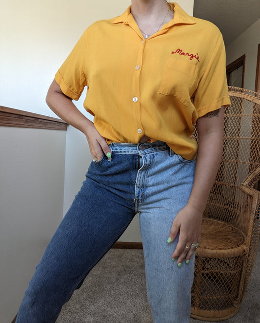 1950s goldenrod chain stitch bowling shirt