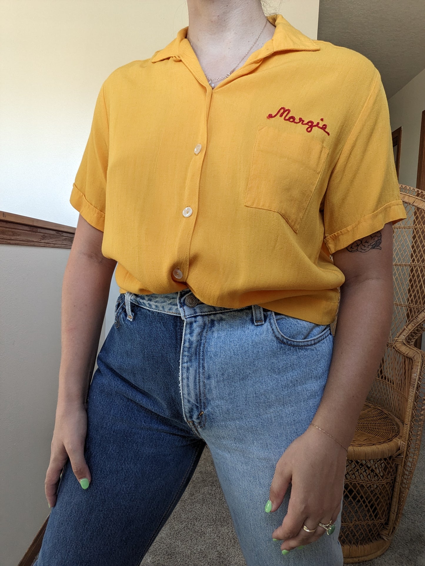 1950s goldenrod chain stitch bowling shirt