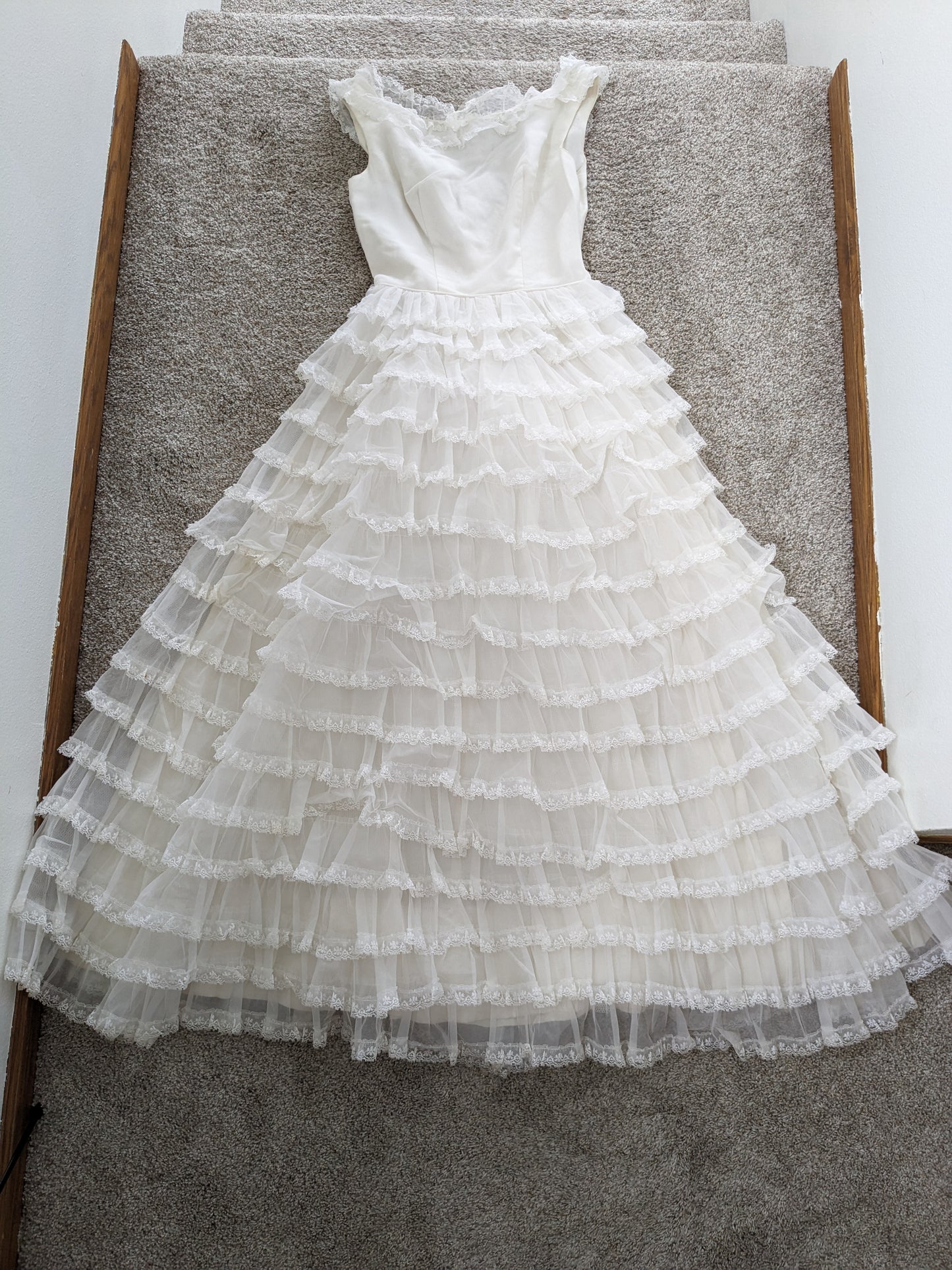 1960s tiered lace ruffle wedding gown