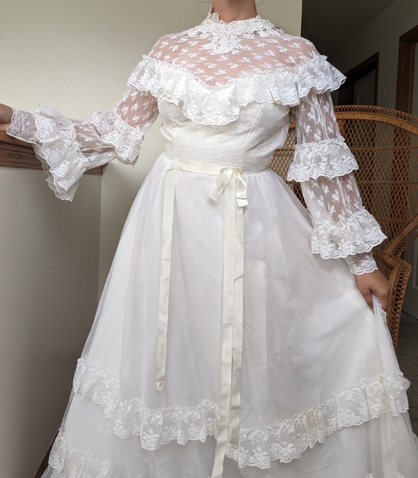 1970s tiered lace wedding gown