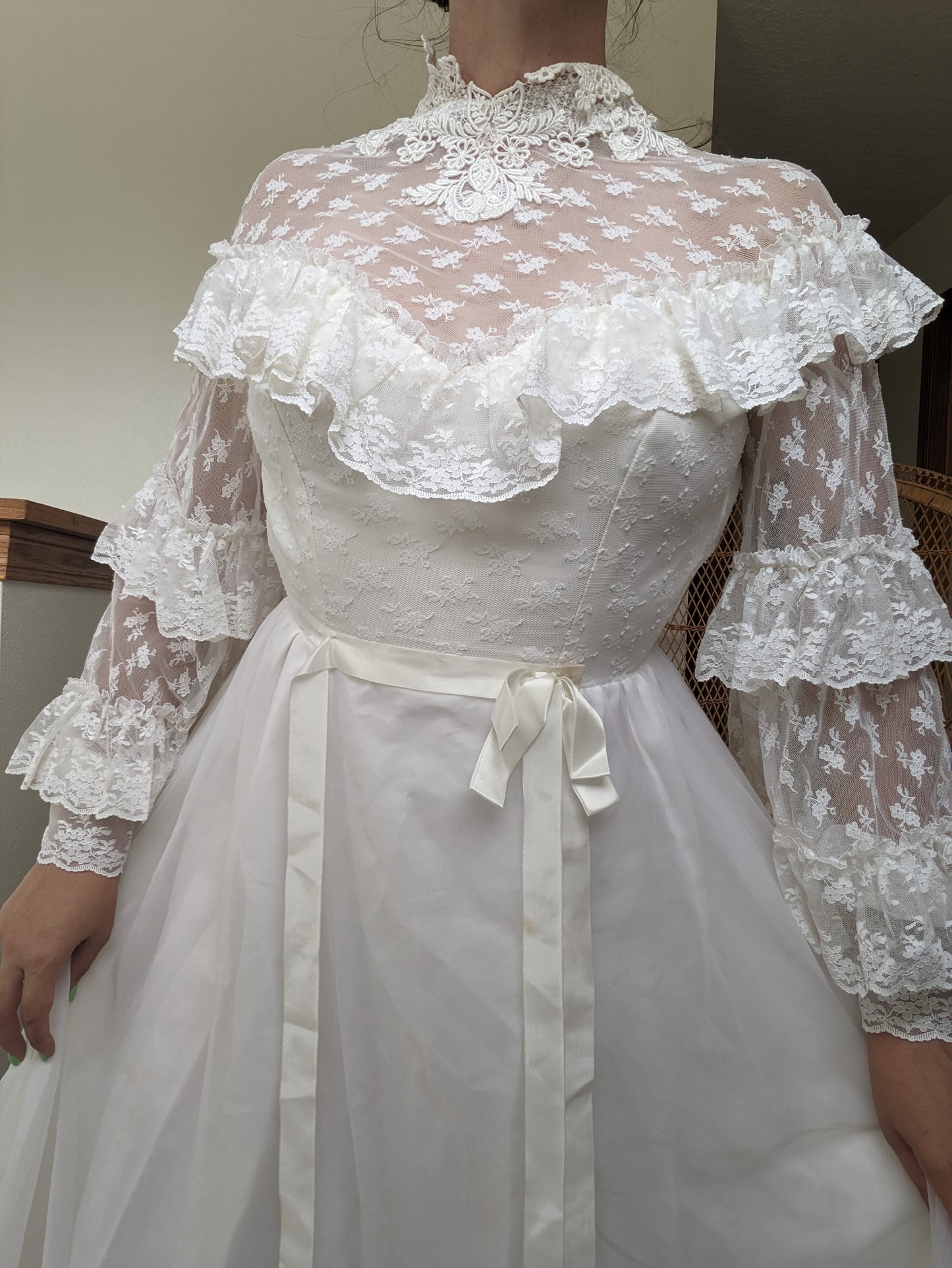 1970s tiered lace wedding gown