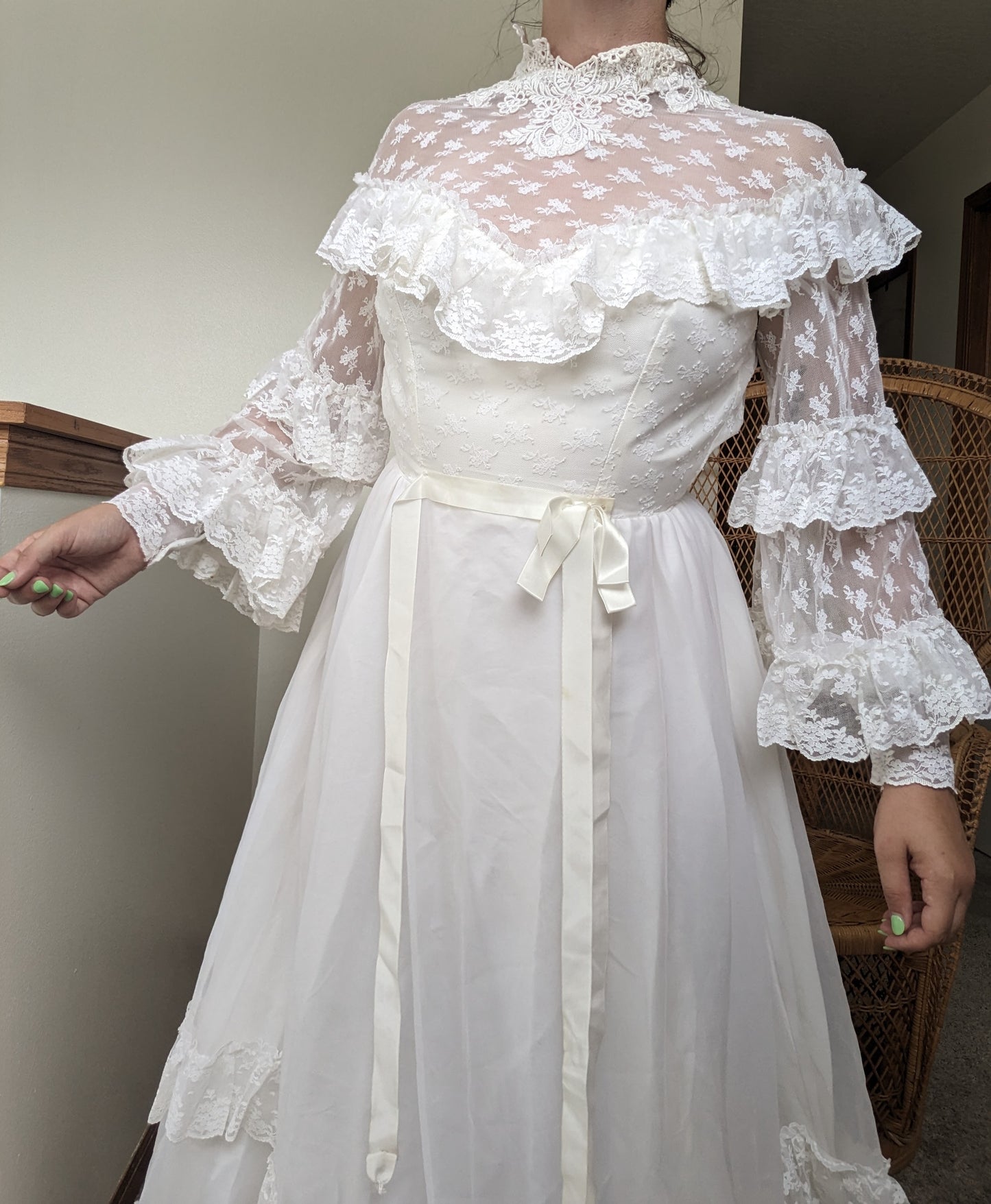 1970s tiered lace wedding gown