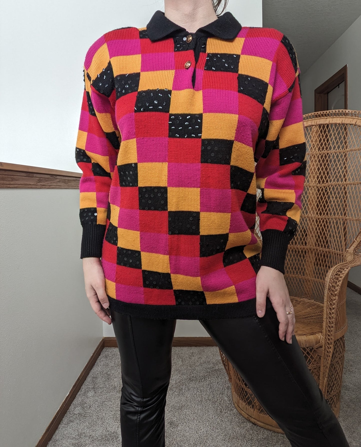 1980s checkered sequin sweater