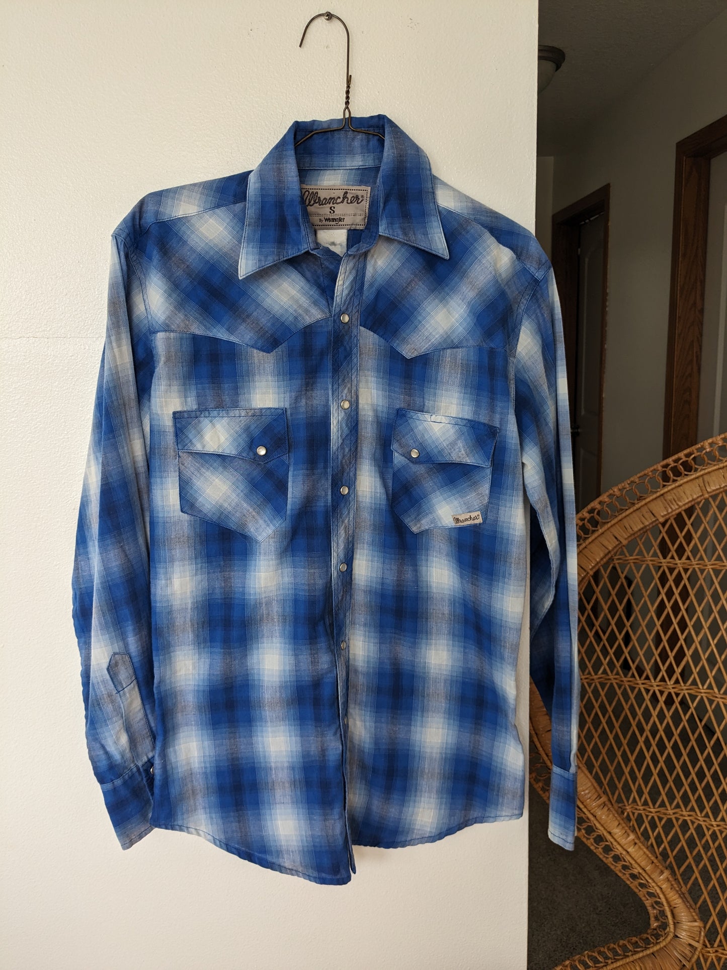 1980s blue check pearl snap