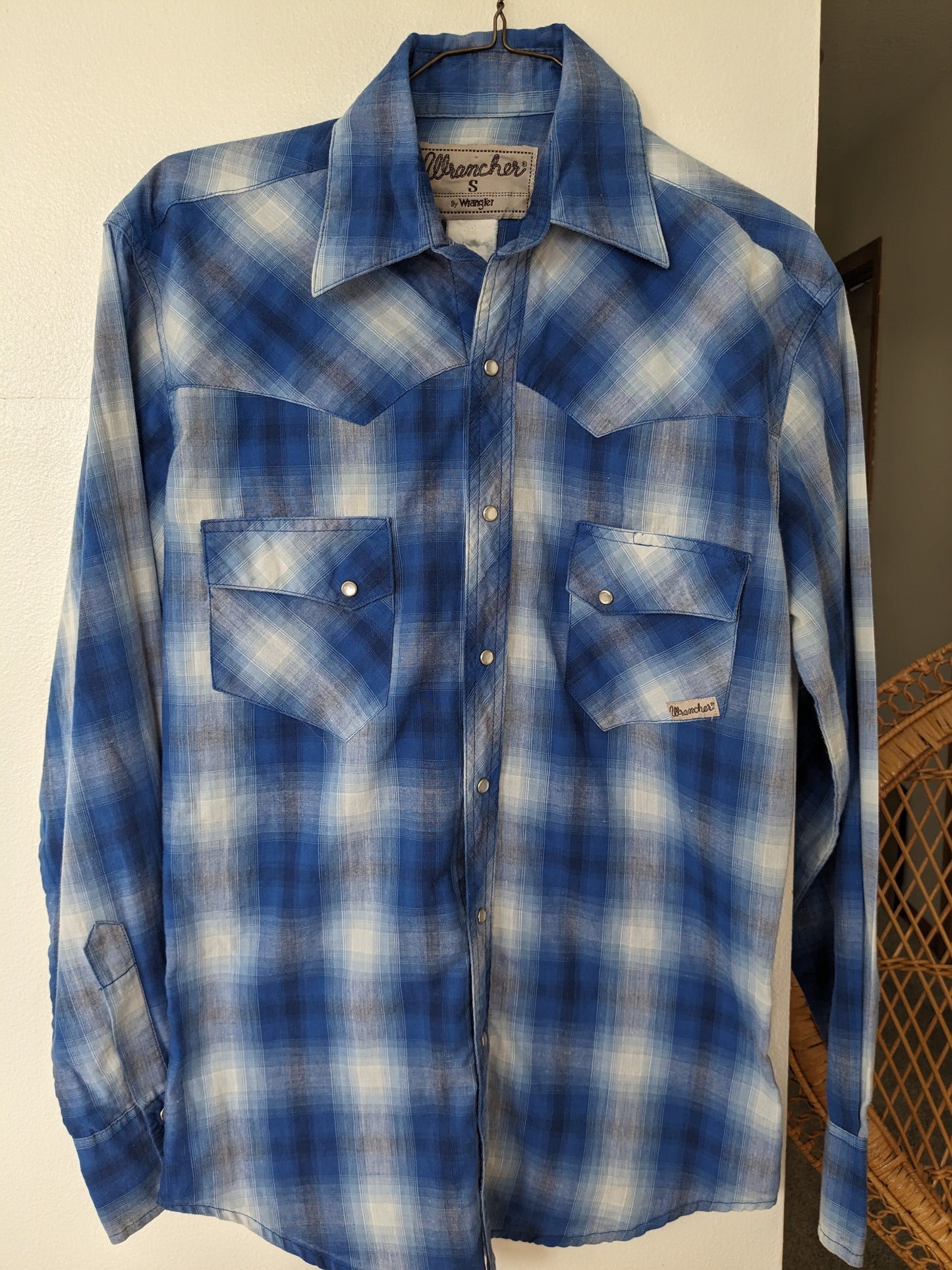 1980s blue check pearl snap