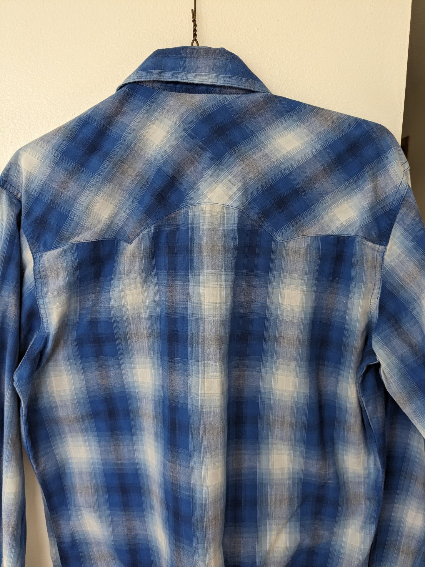 1980s blue check pearl snap