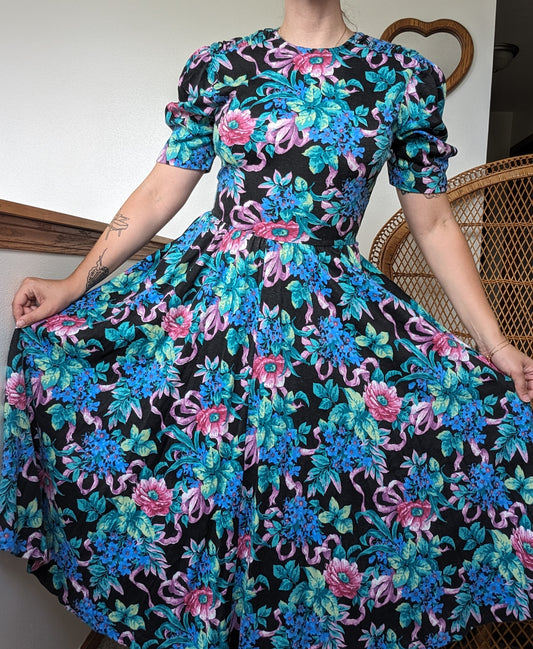 1980s dark floral dress