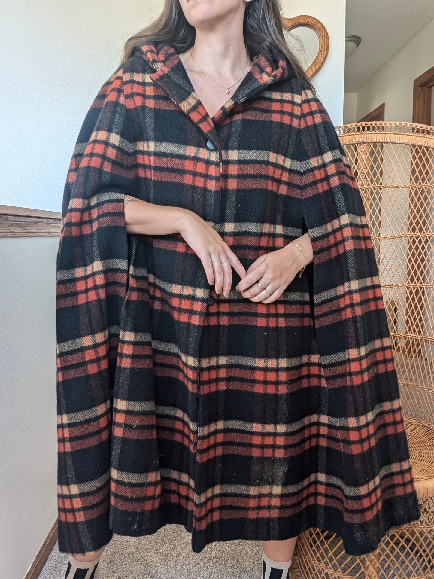 1970s plaid hooded cape