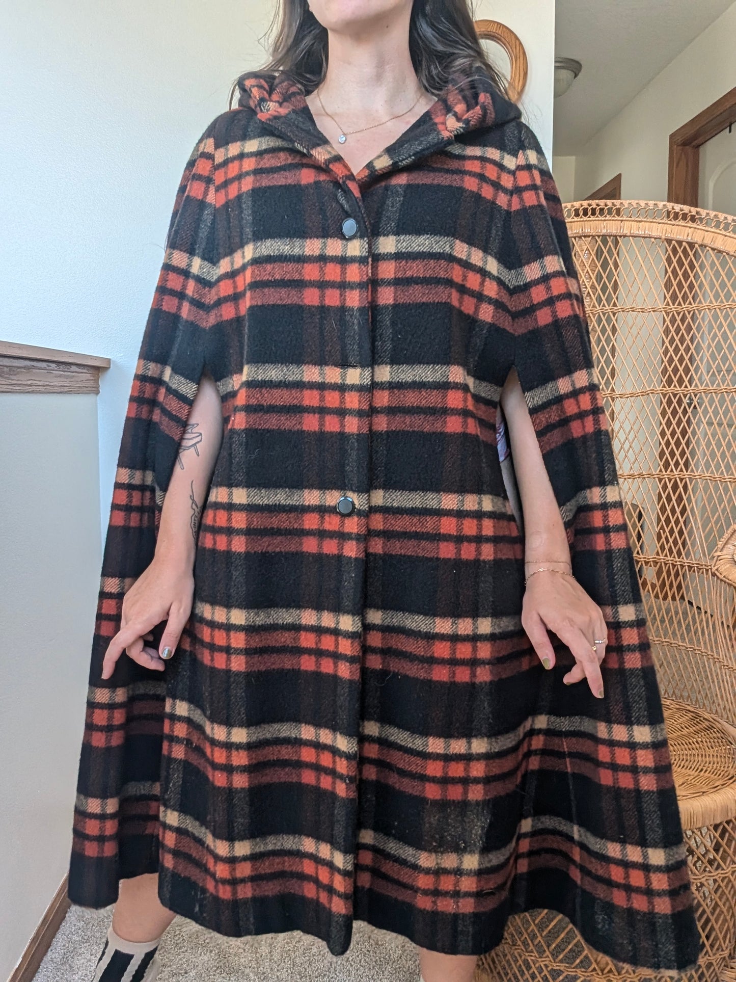 1970s plaid hooded cape