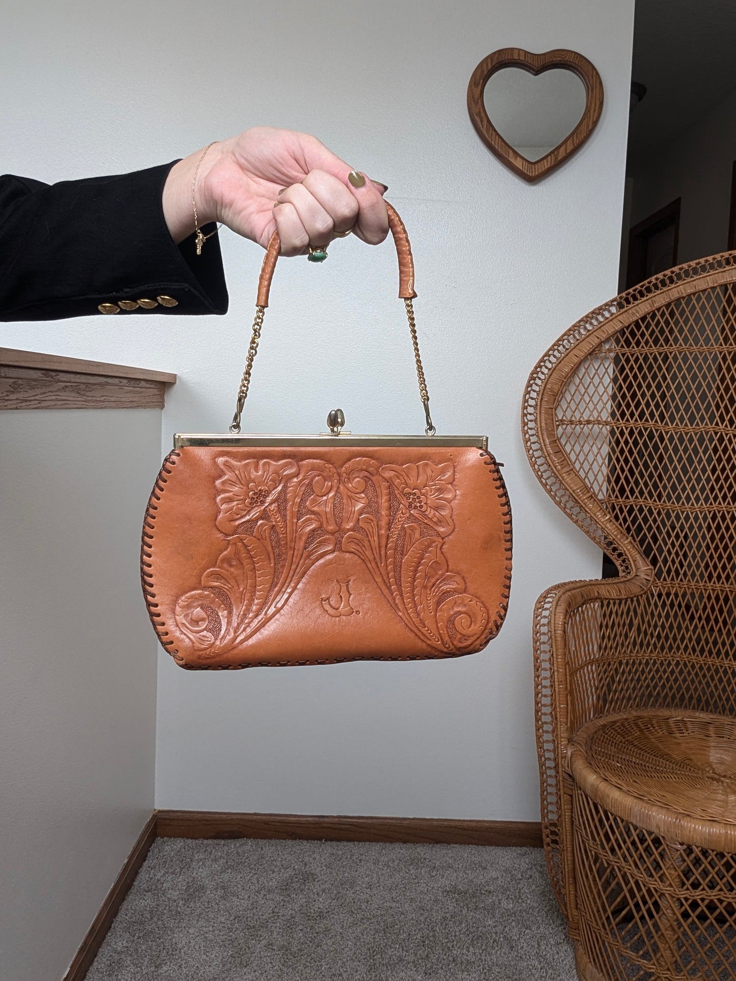 1970s tooled leather handbag