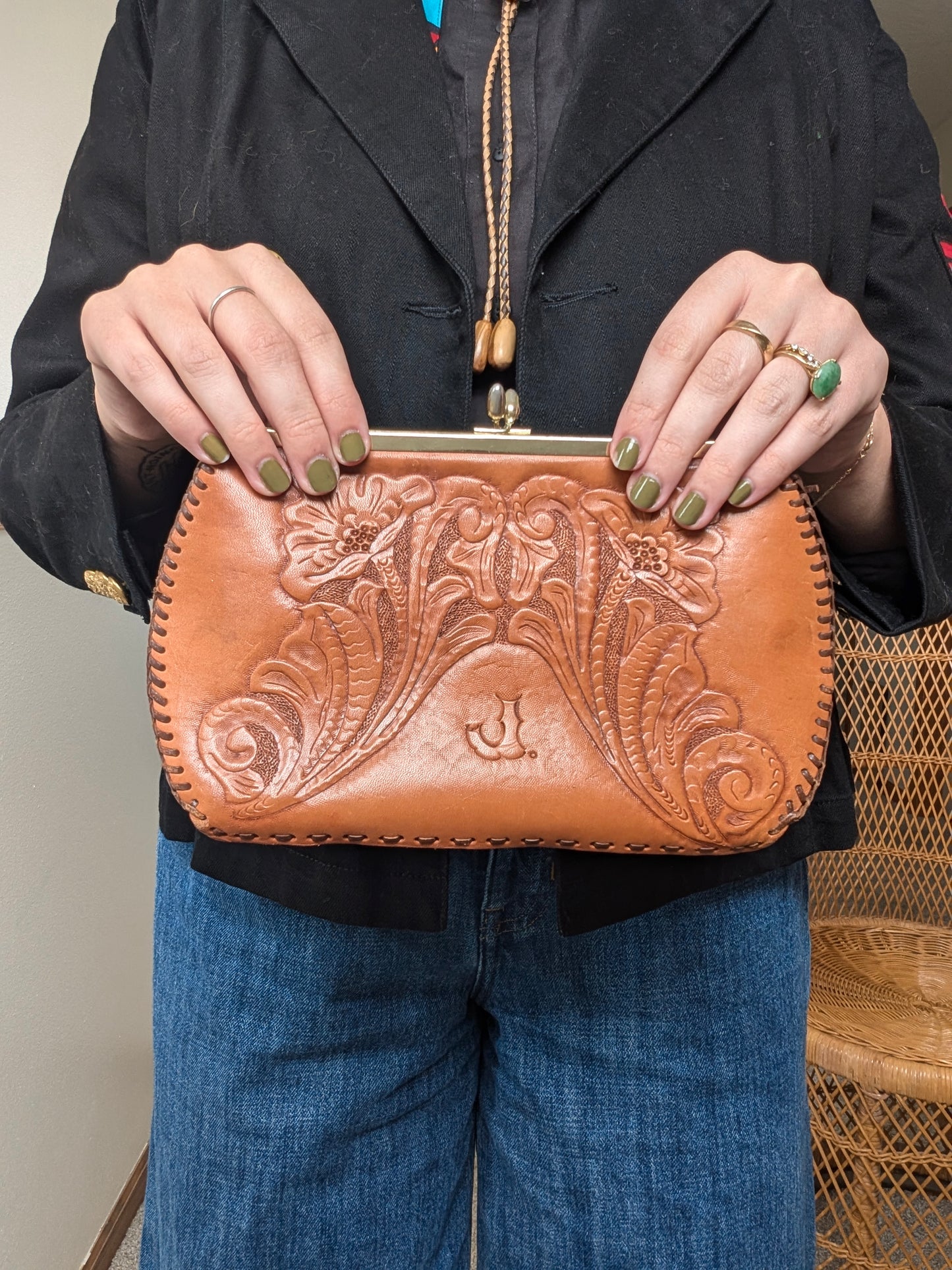 1970s tooled leather handbag