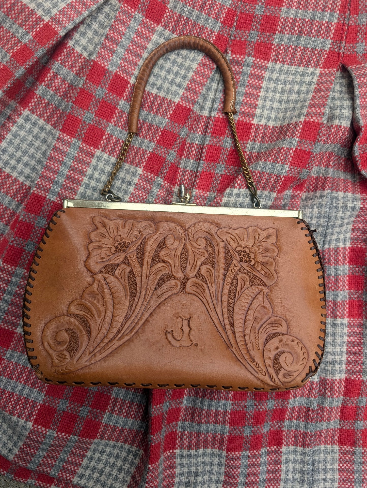 1970s tooled leather handbag