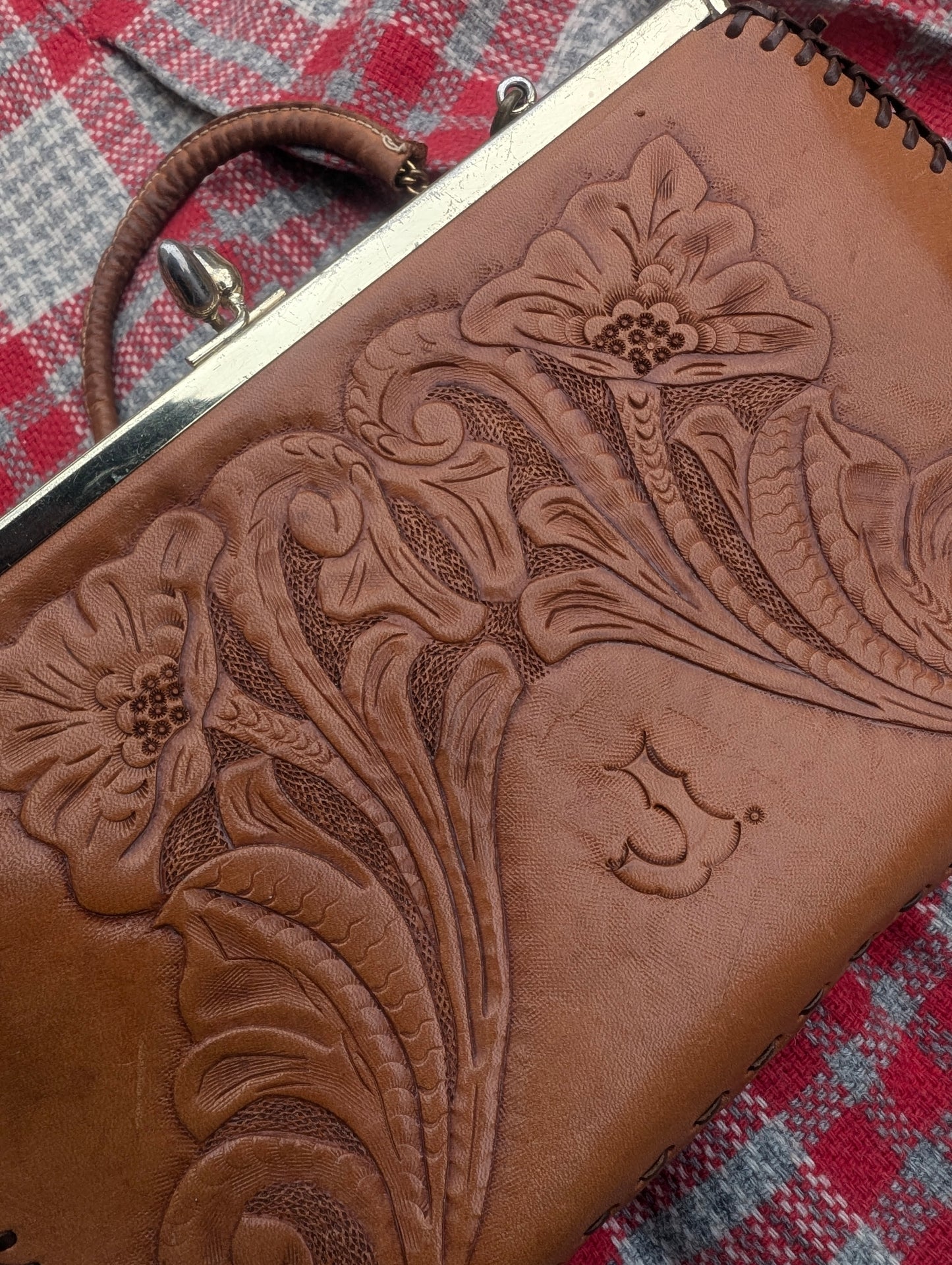 1970s tooled leather handbag