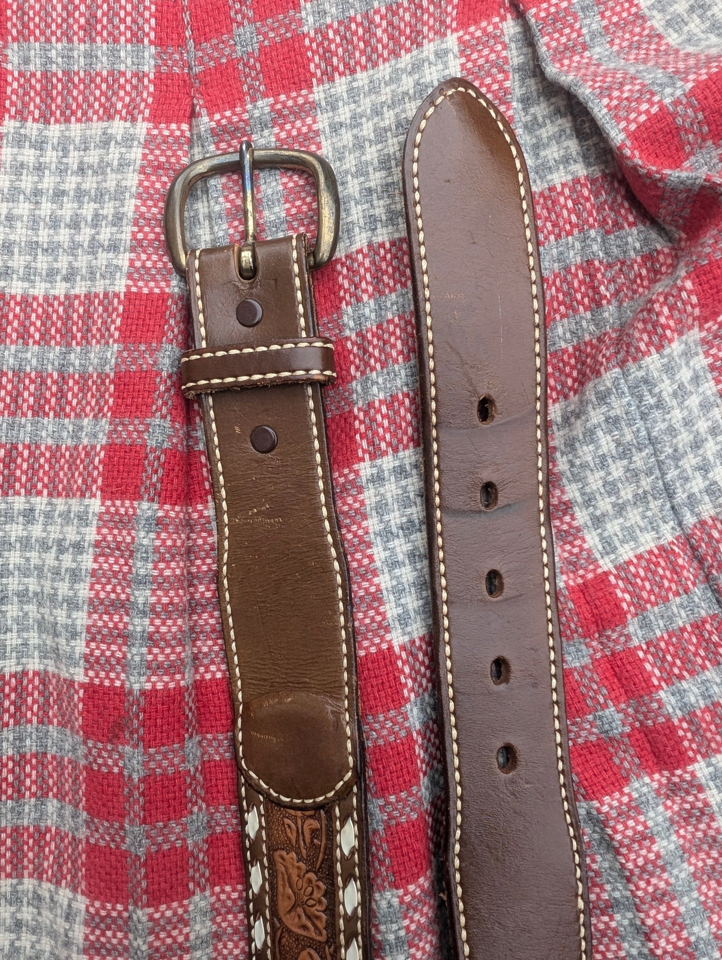 1960s tooled leather name belt