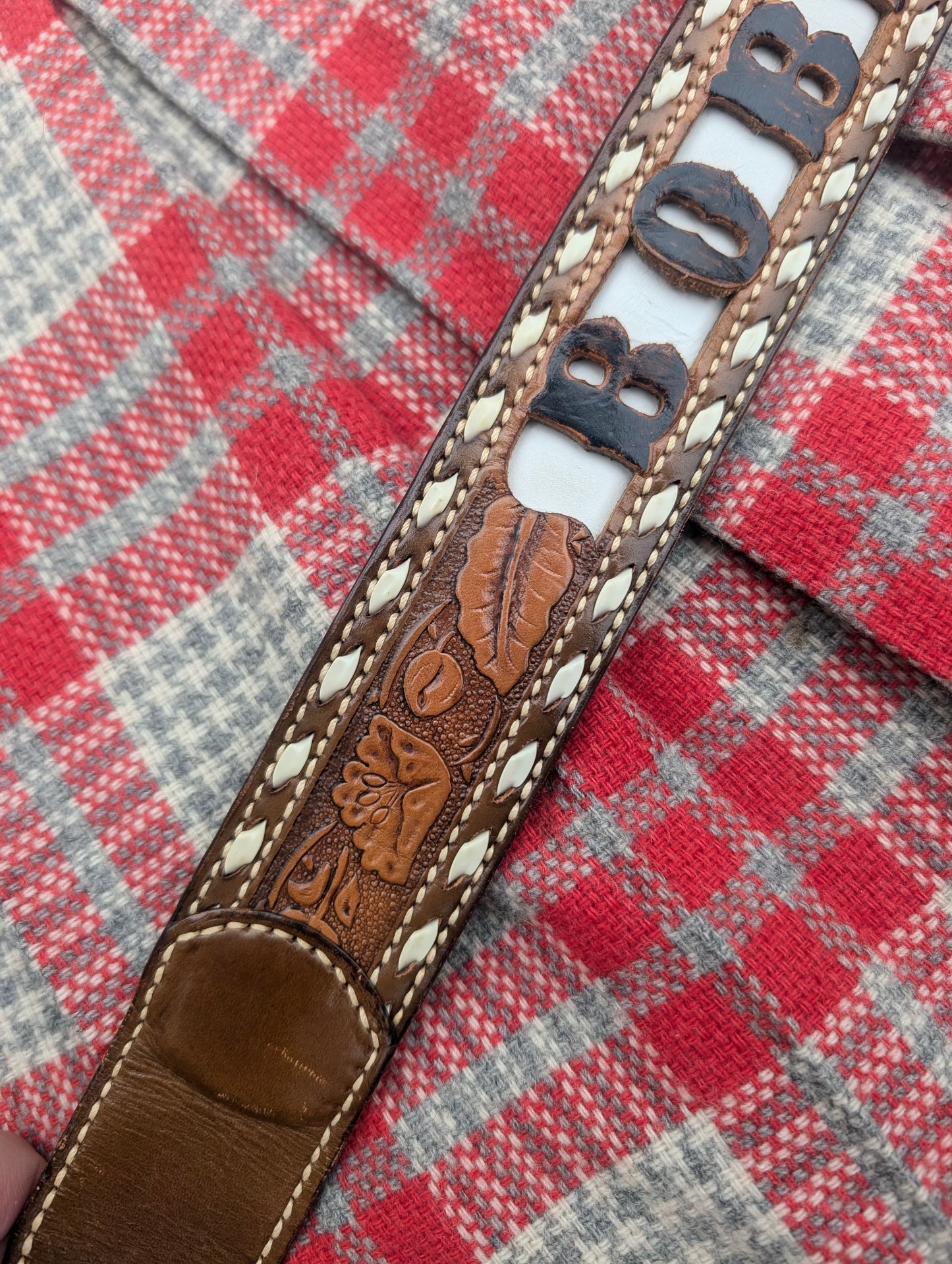 1960s tooled leather name belt