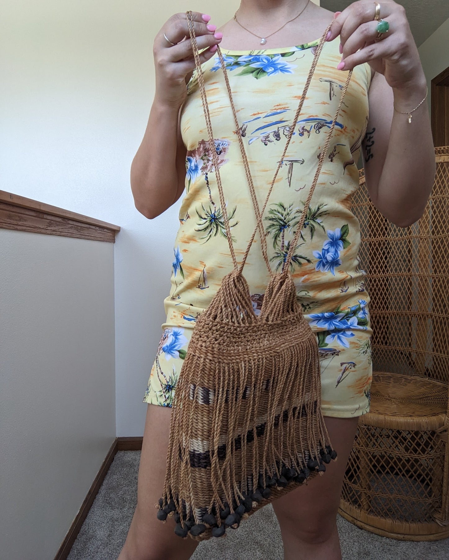 1970s rattan beaded beach bag