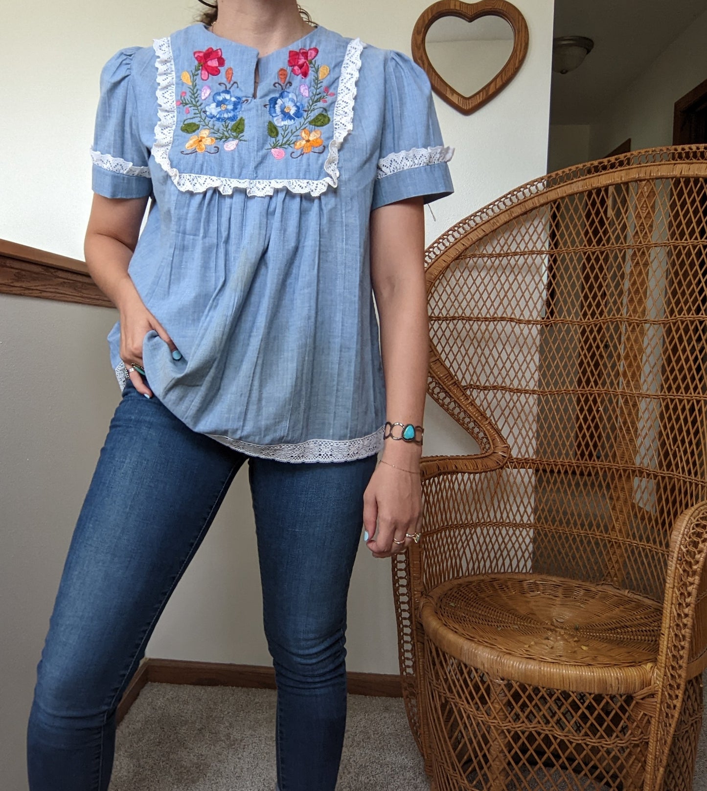 1970s Chambray Floral Embroidered Top