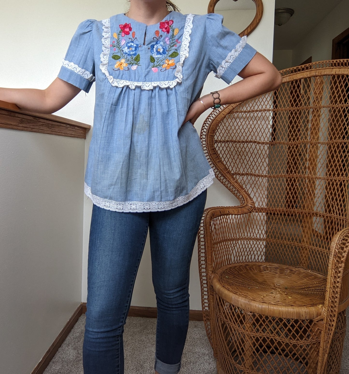 1970s Chambray Floral Embroidered Top