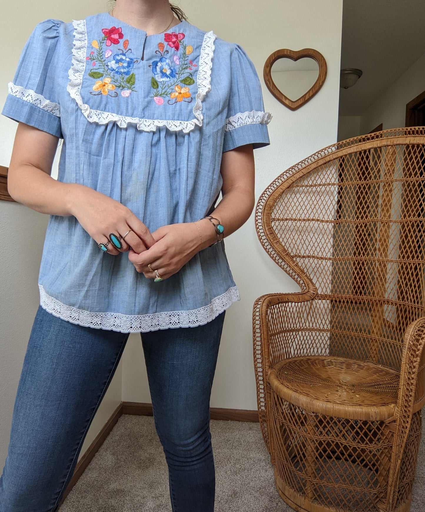 1970s Chambray Floral Embroidered Top