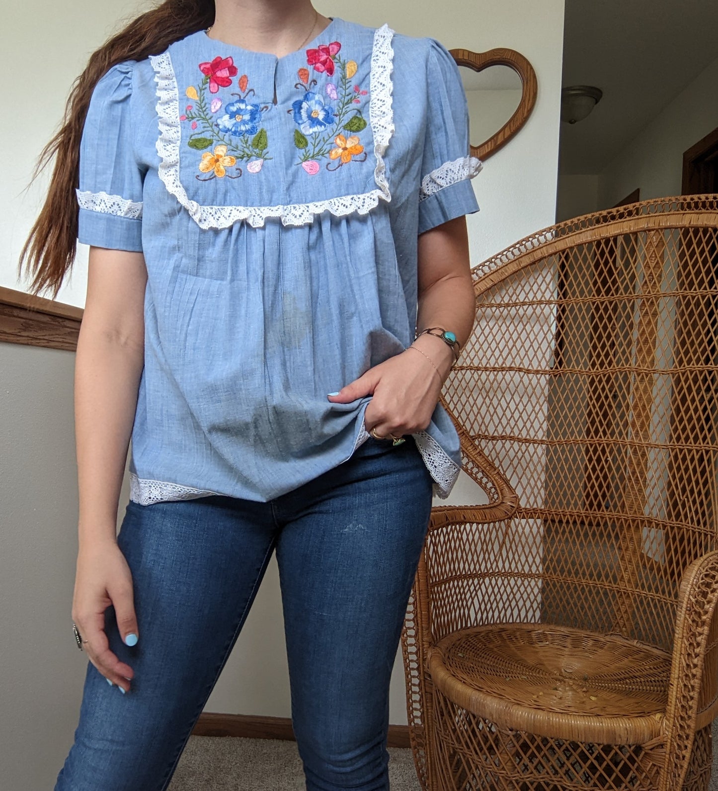 1970s Chambray Floral Embroidered Top