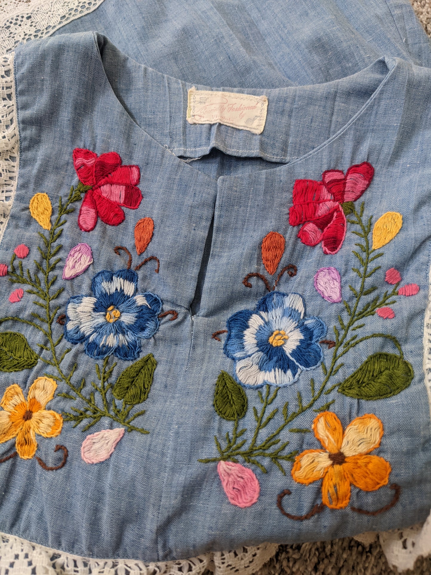 1970s Chambray Floral Embroidered Top