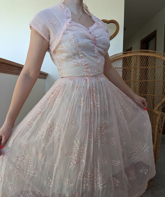 1950s Sheer Dress with Painted Flowers