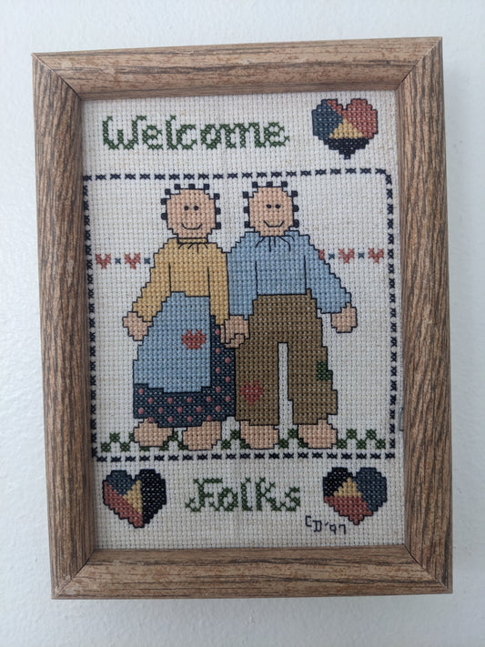 1990's "Welcome folks" cross stitch couple wall art