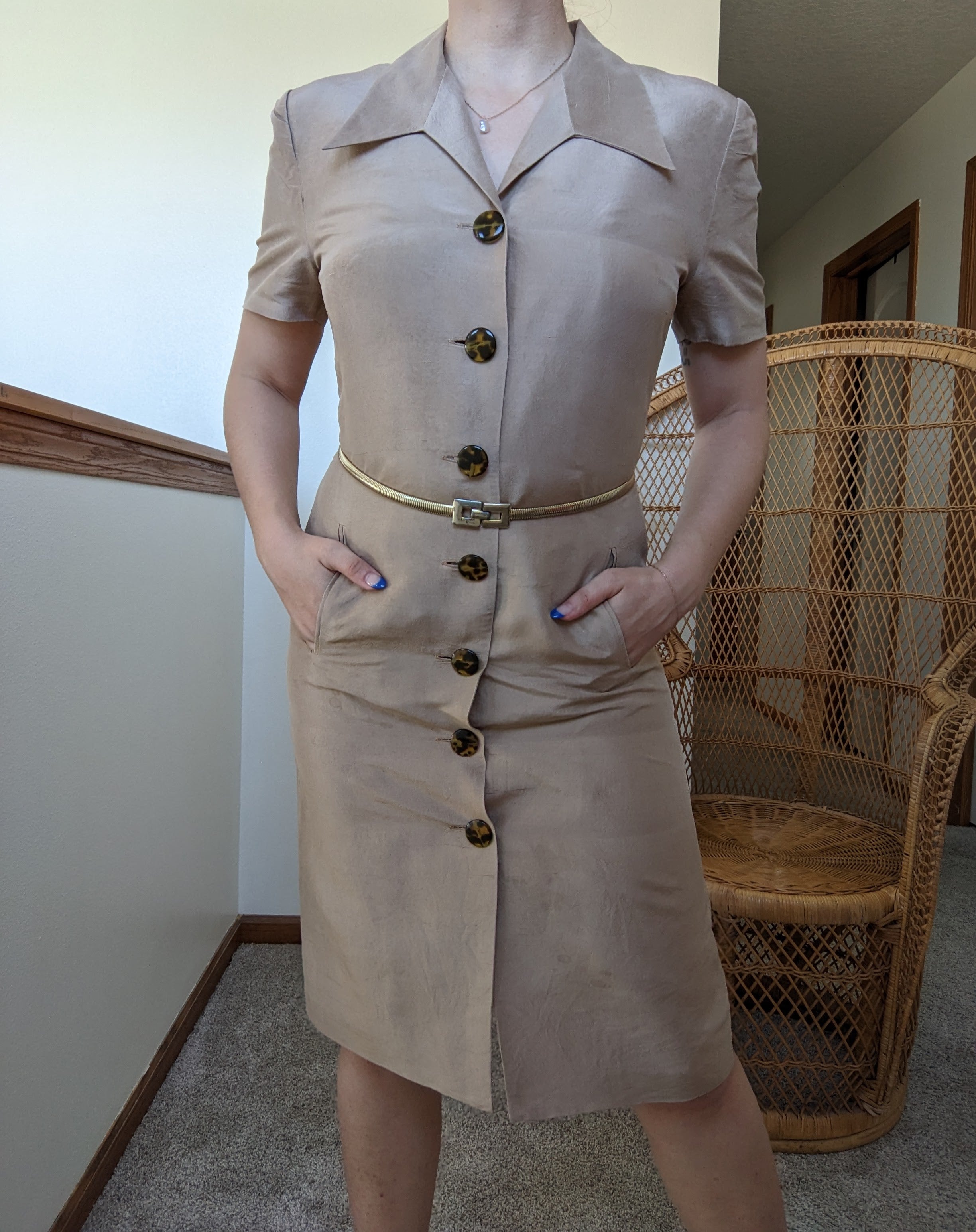 1990s silk safari dress with tortoise shell buttons